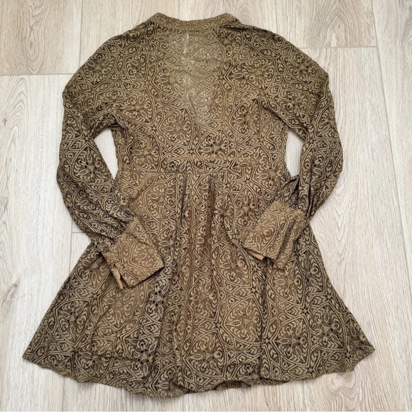 Sexy! Free People Uptown Dress Bronze Lace Long Sleeve Deep V Neck Mini - Picture 3 of 8